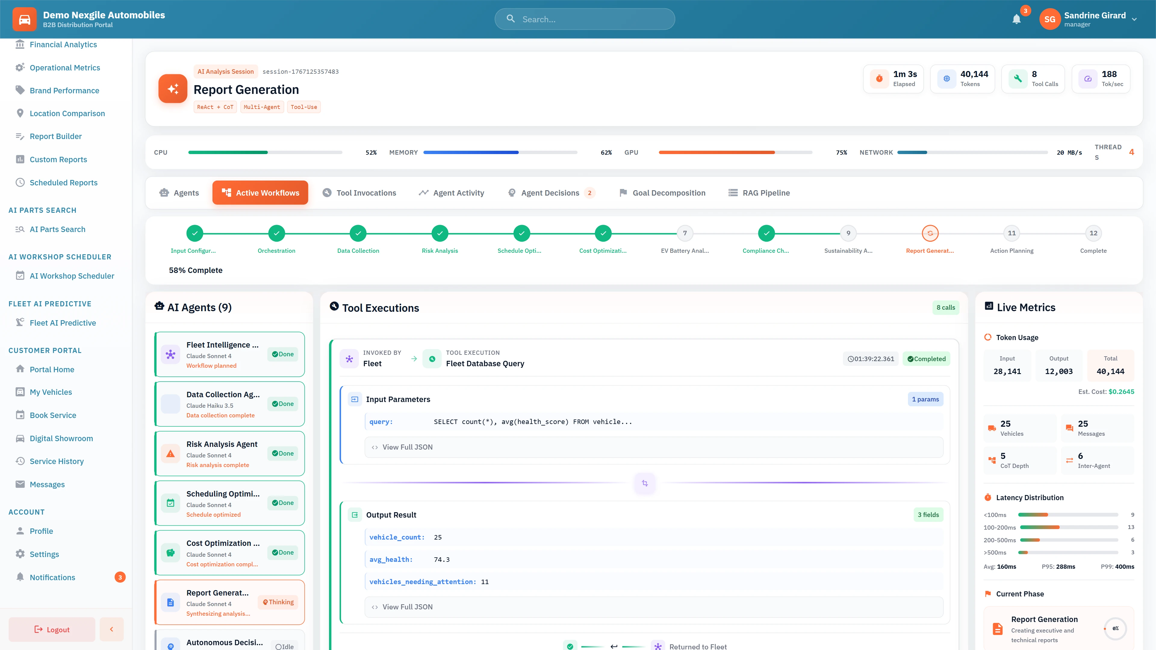 Report Generation Phase - Active workflow monitoring with 9 AI agents, tool execution panel showing fleet database queries, and live metrics including token usage, vehicle counts, and latency distribution